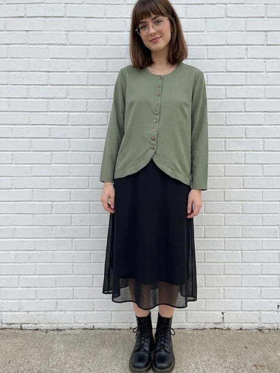 Vintage Tops - Vintage 90s Olive Green Polka Dot Blouse Office Minimalist Button Top size Small